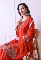 Rust Orange Crepe Beads Sequin Embroidered Sharara Suit - Set of 3