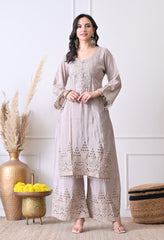 Grey Chinon Zari Sequin Cut Work Sharara Suit- Set of 3
