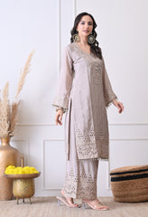 Grey Chinon Zari Sequin Cut Work Sharara Suit- Set of 3