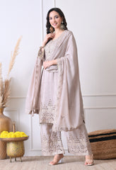 Grey Chinon Zari Sequin Cut Work Sharara Suit- Set of 3