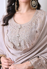 Grey Chinon Zari Sequin Cut Work Sharara Suit- Set of 3