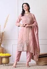 Blush Pink Tissue Shimmer Hand Embroidered Suit- Set of 3