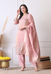 Blush Pink Tissue Shimmer Hand Embroidered Suit- Set of 3