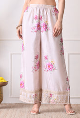 Ivory Chinon Zari Mirror Work Floral Sharara Suit- Set of 3