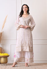 Ivory Chinon Zari Mirror Work Floral Sharara Suit- Set of 3