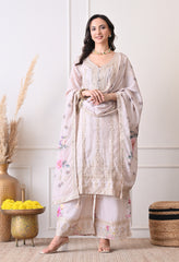 Ivory Chinon Zari Mirror Work Floral Sharara Suit- Set of 3