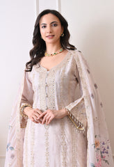 Ivory Chinon Zari Mirror Work Floral Sharara Suit- Set of 3