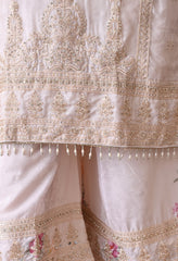 Ivory Chinon Zari Mirror Work Floral Sharara Suit- Set of 3