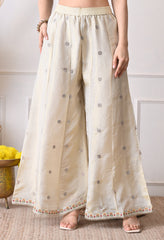 Cream Tissue Shimmer Embroidered Sharara Suit- Set of 3