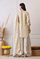 Cream Tissue Shimmer Embroidered Sharara Suit- Set of 3