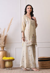 Cream Tissue Shimmer Embroidered Sharara Suit- Set of 3