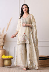 Cream Tissue Shimmer Embroidered Sharara Suit- Set of 3