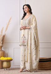 Cream Tissue Shimmer Embroidered Sharara Suit- Set of 3