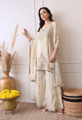 Cream Tissue Shimmer Embroidered Sharara Suit- Set of 3