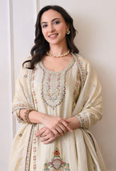 Cream Tissue Shimmer Embroidered Sharara Suit- Set of 3
