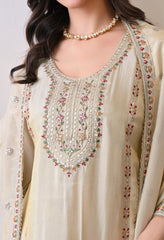 Cream Tissue Shimmer Embroidered Sharara Suit- Set of 3