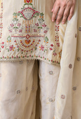 Cream Tissue Shimmer Embroidered Sharara Suit- Set of 3