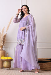 Lavender Crush Organza Beads Sequin Embroidered Sharara Suit - Set of 3