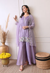Lavender Crush Organza Beads Sequin Embroidered Sharara Suit - Set of 3