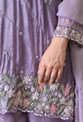 Lavender Crush Organza Beads Sequin Embroidered Sharara Suit - Set of 3