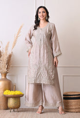 Grey Chinon Zari Mirror Cut Work Sharara Suit- Set of 3