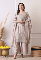 Grey Chinon Zari Mirror Cut Work Sharara Suit- Set of 3
