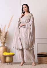 Grey Chinon Zari Mirror Cut Work Sharara Suit- Set of 3