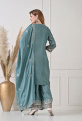 Powder Blue Chinon Cut Work Sharara Suit- Set of 3