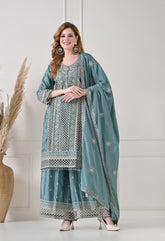 Powder Blue Chinon Cut Work Sharara Suit- Set of 3