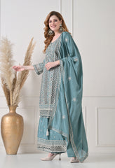 Powder Blue Chinon Cut Work Sharara Suit- Set of 3