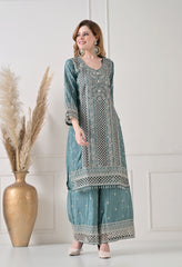 Powder Blue Chinon Cut Work Sharara Suit- Set of 3