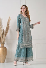 Powder Blue Chinon Cut Work Sharara Suit- Set of 3