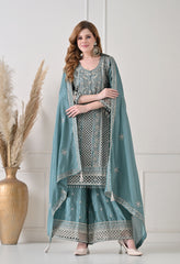 Powder Blue Chinon Cut Work Sharara Suit- Set of 3