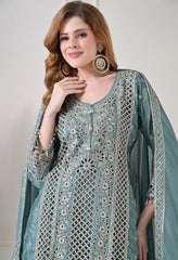 Powder Blue Chinon Cut Work Sharara Suit- Set of 3