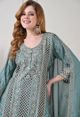 Powder Blue Chinon Cut Work Sharara Suit- Set of 3