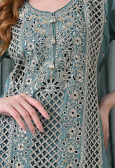 Powder Blue Chinon Cut Work Sharara Suit- Set of 3