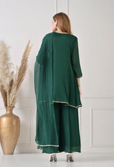 Bottle Green Chinon Dabka Work Sharara Suit - Set of 3