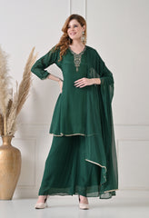 Bottle Green Chinon Dabka Work Sharara Suit - Set of 3