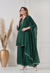 Bottle Green Chinon Dabka Work Sharara Suit - Set of 3