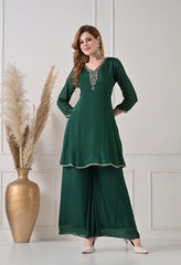 Bottle Green Chinon Dabka Work Sharara Suit - Set of 3