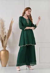 Bottle Green Chinon Dabka Work Sharara Suit - Set of 3