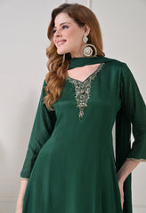 Bottle Green Chinon Dabka Work Sharara Suit - Set of 3