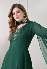 Bottle Green Chinon Dabka Work Sharara Suit - Set of 3