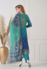 Blue Crush Tissue Zari Embroidered Suit - Set of 3