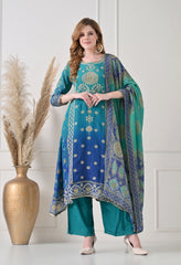 Blue Crush Tissue Zari Embroidered Suit - Set of 3