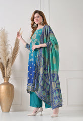 Blue Crush Tissue Zari Embroidered Suit - Set of 3