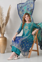 Blue Crush Tissue Zari Embroidered Suit - Set of 3