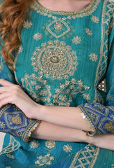 Blue Crush Tissue Zari Embroidered Suit - Set of 3