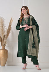 Bottle Green Silk Dabka Work Suit- Set of 3