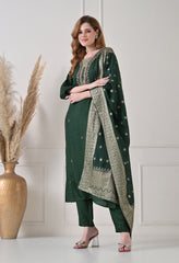 Bottle Green Silk Dabka Work Suit- Set of 3